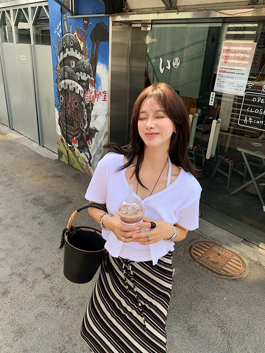 25Oct. 慵懶度假斜條紋中腰抽繩半身裙 棕