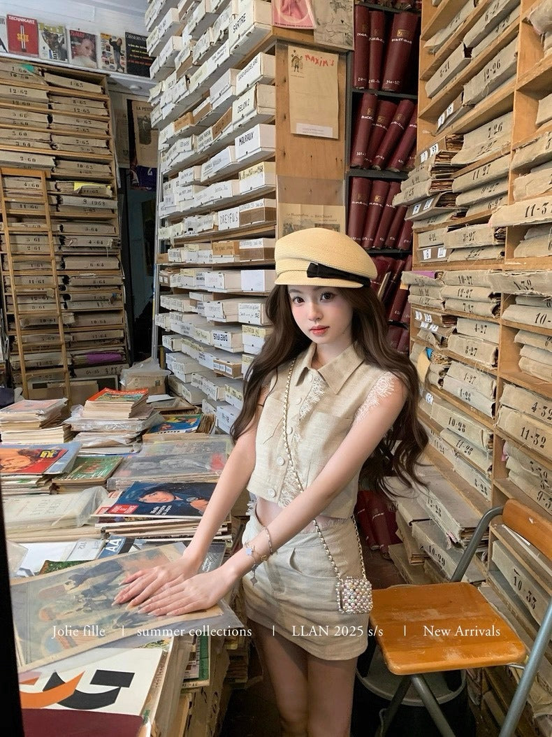 25Oct. 甜心香香VTG 復古蕾絲拼接亞麻套裝 亞麻原色