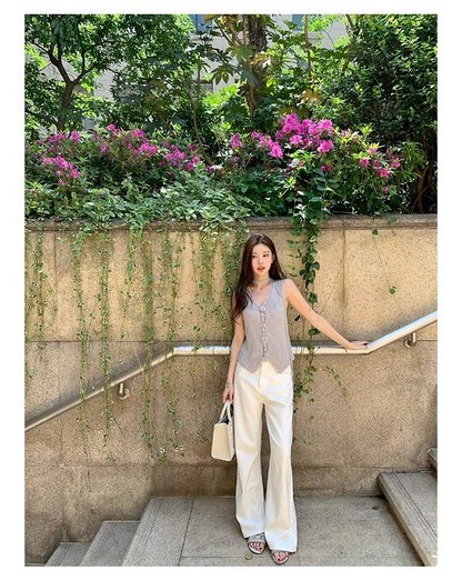 25Oct. 回頭率密碼韓系薄款針織飄帶背心 灰