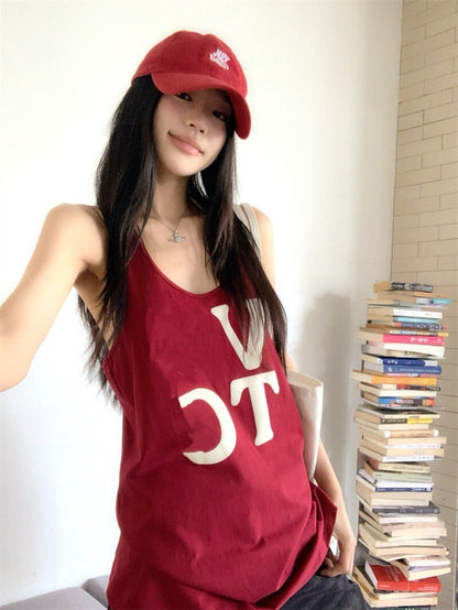 25Oct. 復古寬鬆美式字母印花中長背心