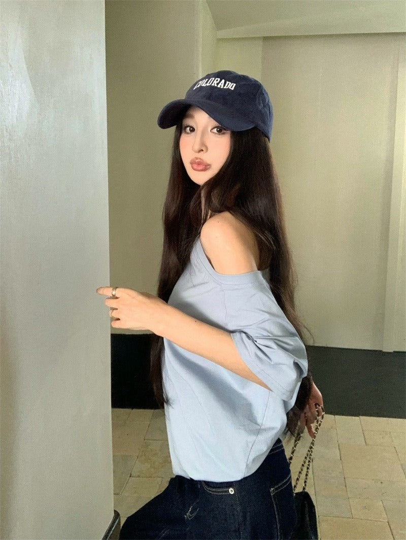 25Oct. 簡約慵懶 寬鬆大領口純色上衣 藍/灰