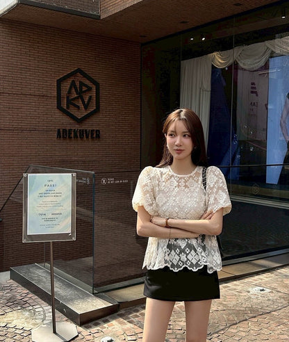 25Sep. 氣質蕾絲泡泡袖花邊上衣 杏