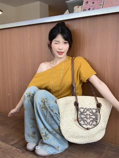 25Oct. 暖糯糯薑黃色斜肩百搭上衣