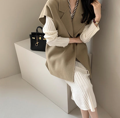 25Sep. 通勤百搭繫帶雙面羊呢外套 卡其/黑