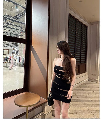 25Oct. 無拘束 性感抹胸不規則拼色針織連身裙