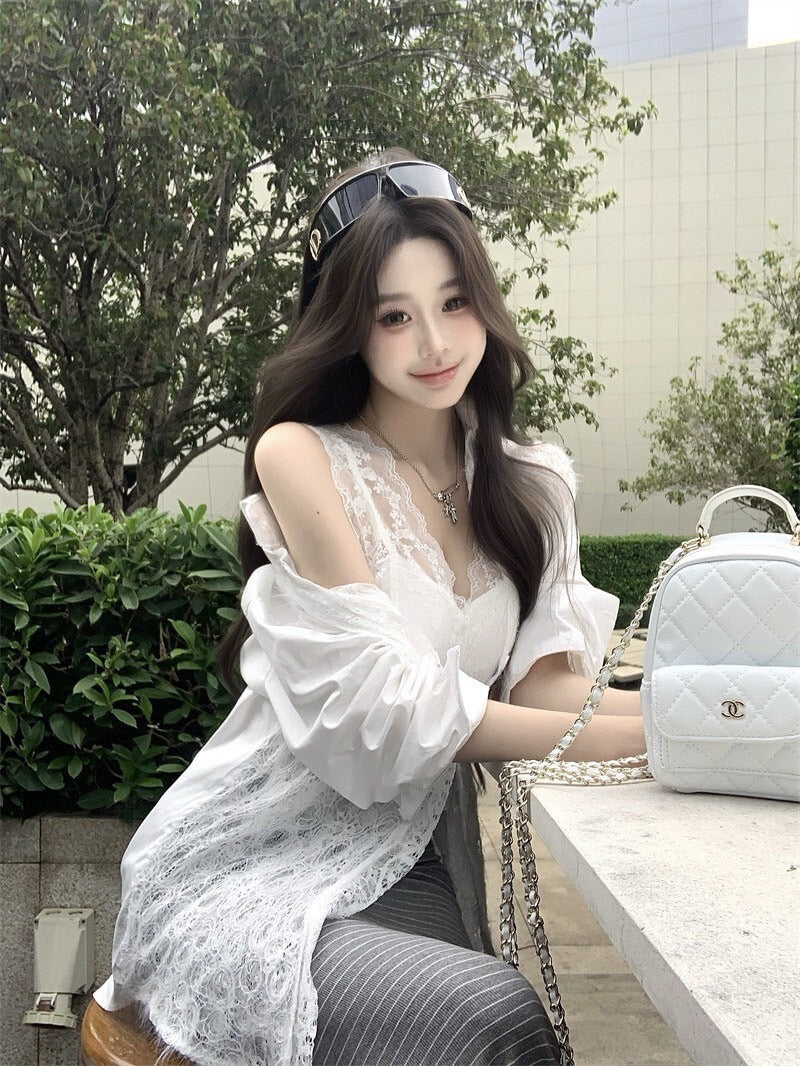 25Oct. 通勤首領 微透蕾絲拼接襯衫/條紋抽繩半身裙