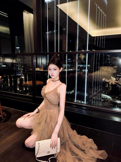 25Oct. 派對尤物 輕奢多層網紗拼接泡泡連身裙 咖