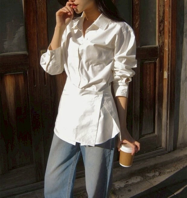 25Sep. 氣質心動 收腰假兩件式中長款襯衫 白/黑