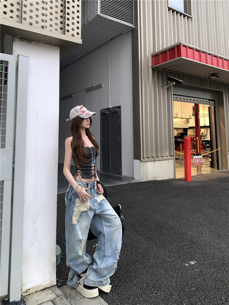 25Oct. 超級辣妹 美式縷空可調皮抹胸/刷破仿舊闊腿牛仔褲