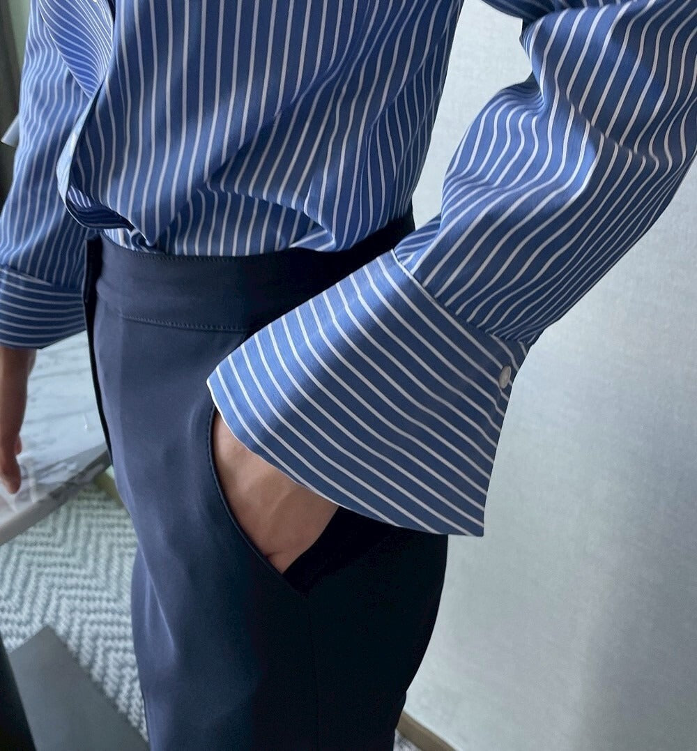 25Sep. 韓Chic簡約不規則側扣條紋襯衫 藍