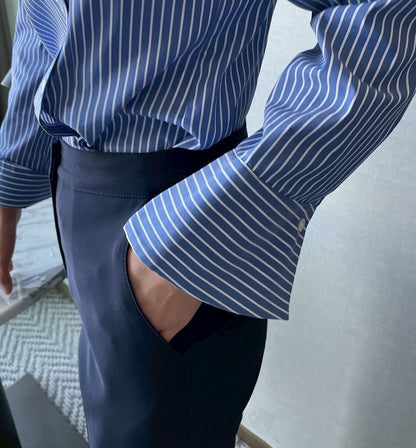 25Sep. 韓Chic簡約不規則側扣條紋襯衫 藍