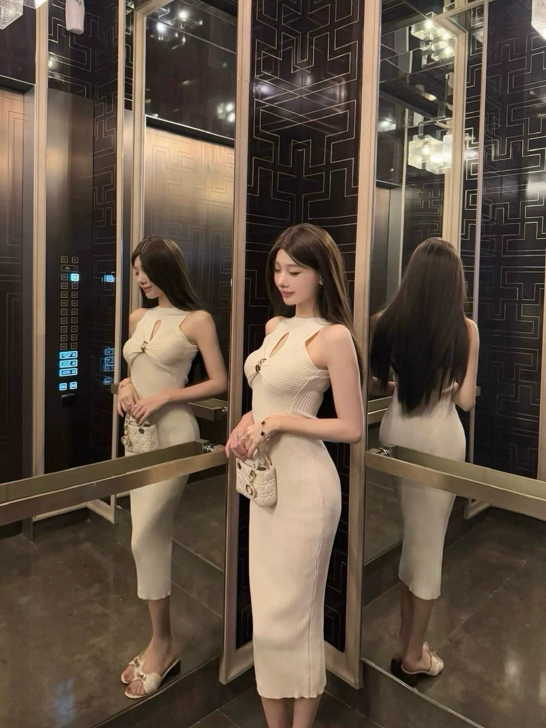 25Oct. 曲線主義金釦縷空設計感針織連身裙 白/咖