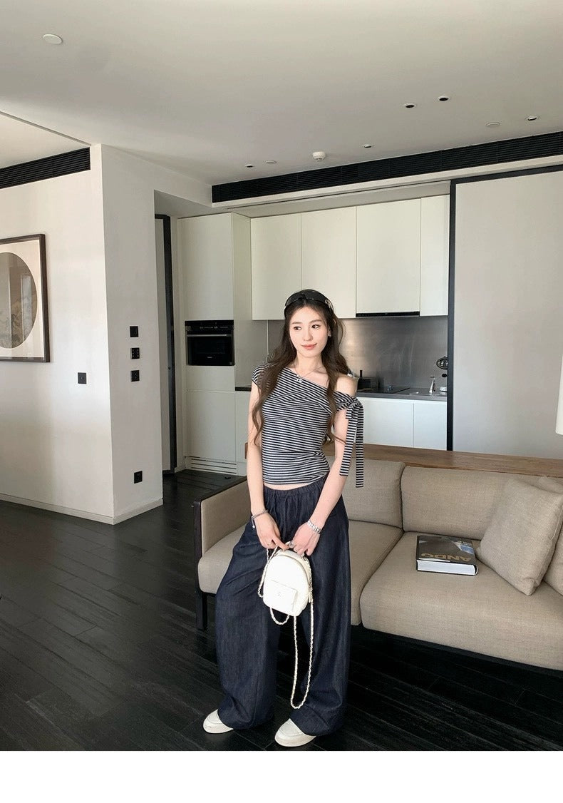 25Oct. 漢南洞時髦歐膩氣質斜肩綁帶上衣 條紋