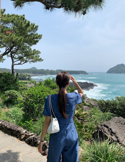 25Sep. 時髦丹寧藍修身圓領短袖連身褲