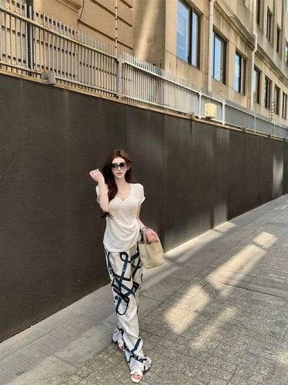 25Sep. 淡人ToF*極簡亞麻棉上衣 白色/冰絲緞面老花休閒褲