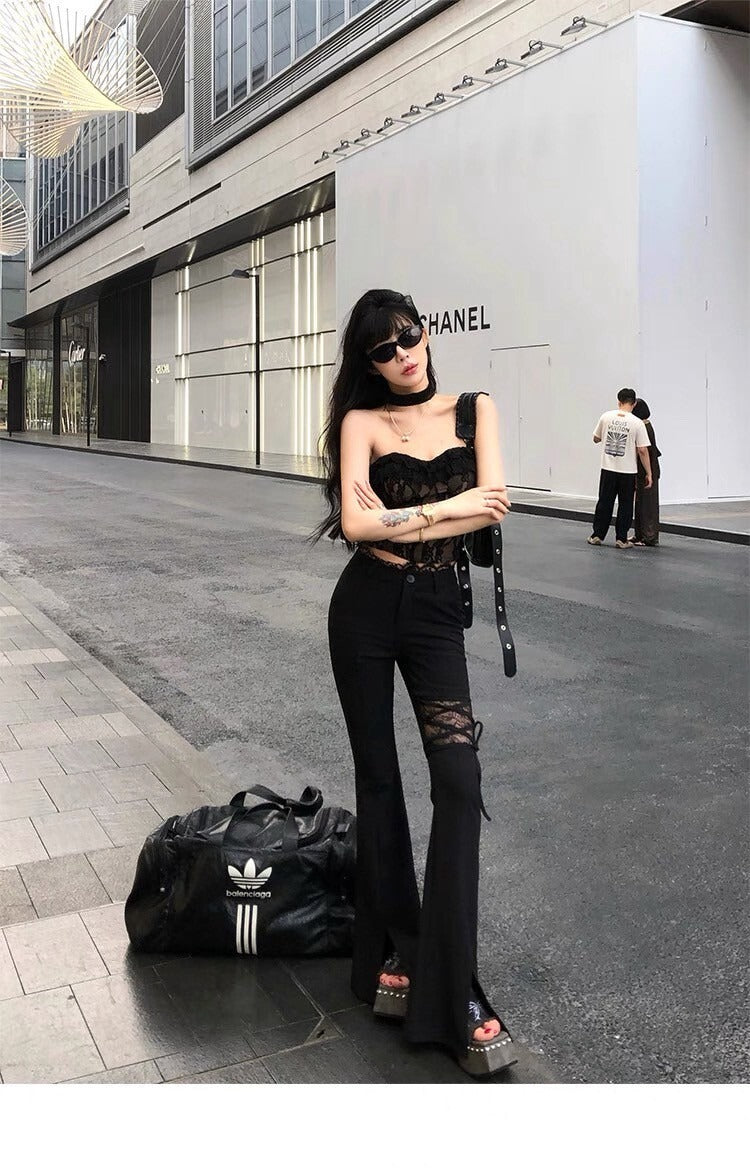 25Oct. Chill蕾絲純欲復古抹胸/修身蕾絲拼接喇叭褲 黑