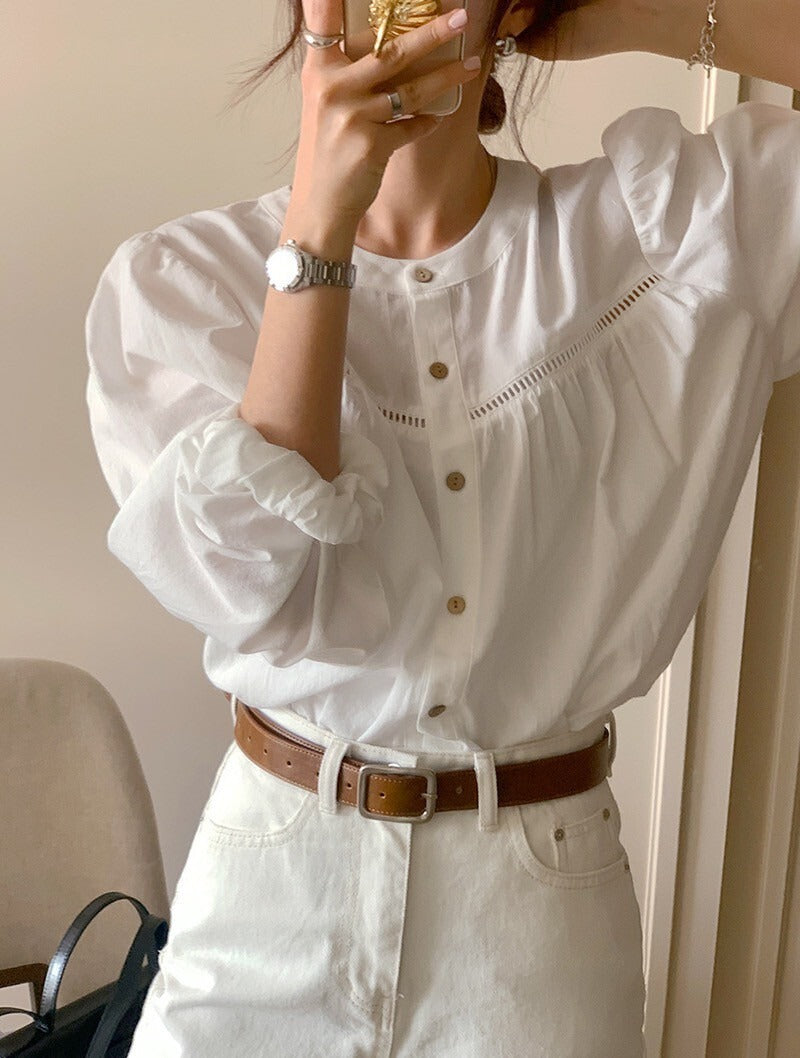 25Sep. 氣質縷空花娃娃領襯衫 白/杏