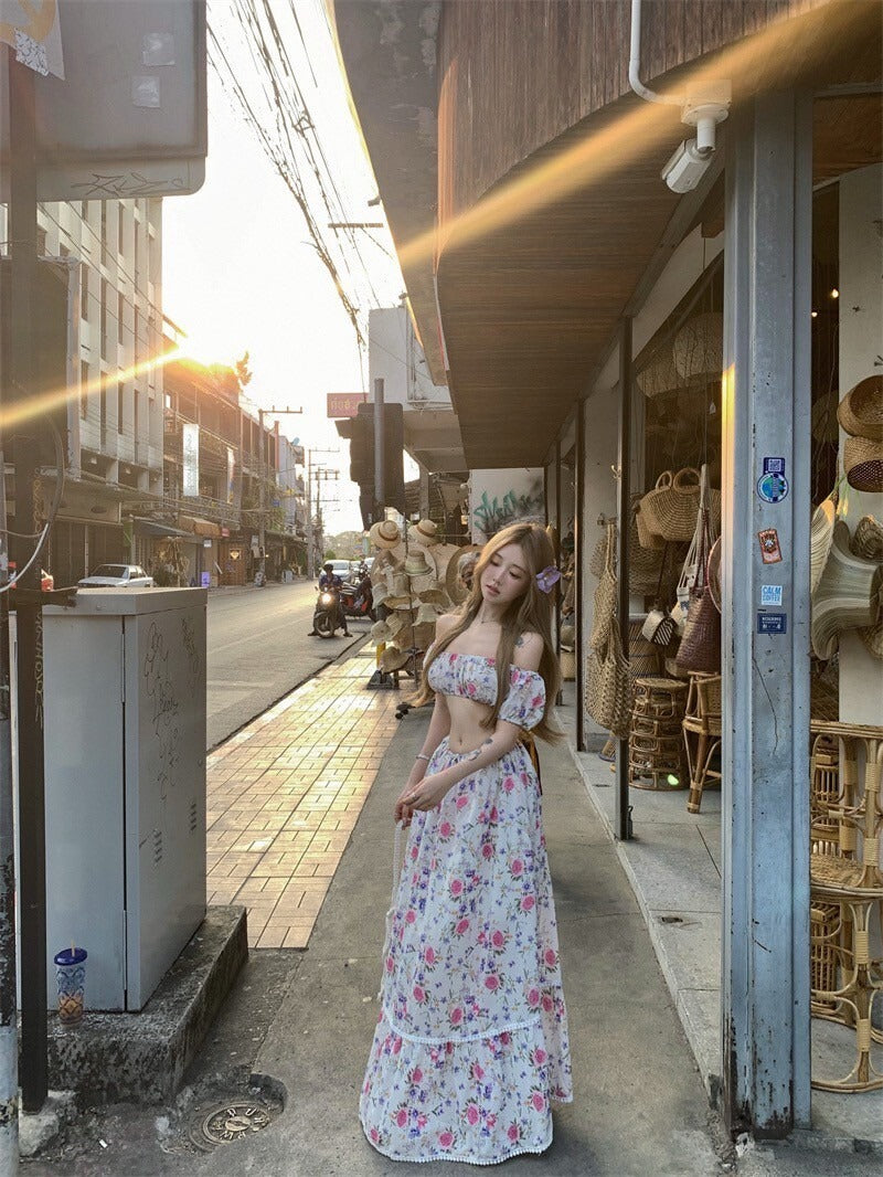 25Oct. 歐美花園性感碎花一字領半身裙套裝