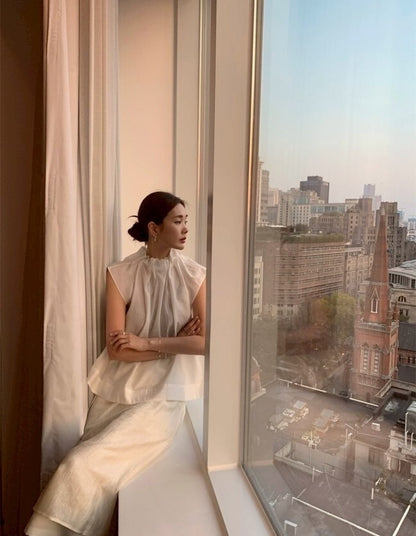 25Sep. 法式可人天絲褶皺領背心上衣 白/黑