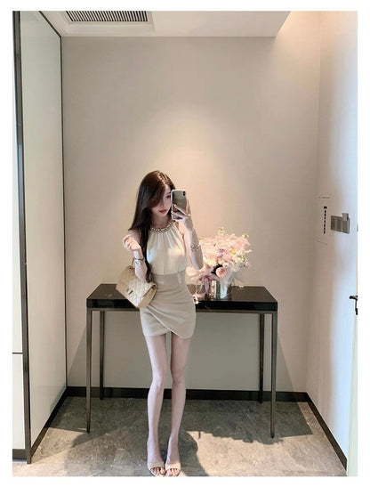 25Oct. 氣質金秘書法則鑽黏雪紡上衣高腰交錯半身裙套裝