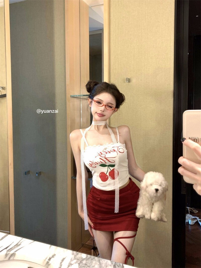 25Oct. Cherry girl美式印花蕾絲背心/紅色炸街休閒褲