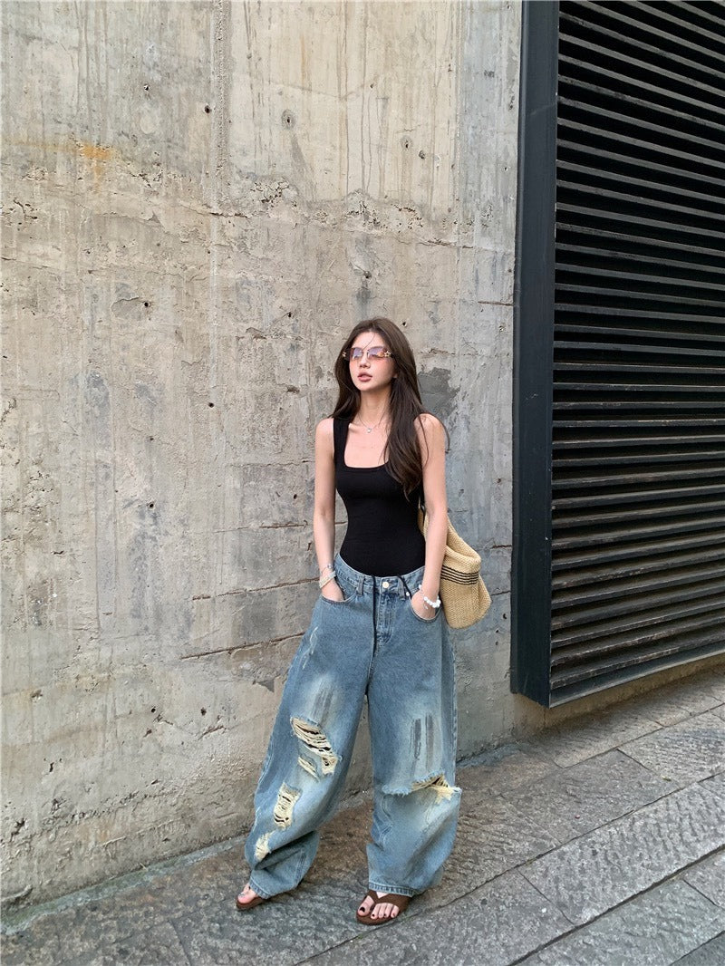 25Oct. 歐美辣妹低U連體上衣/炸街刷破仿舊闊腿牛仔褲