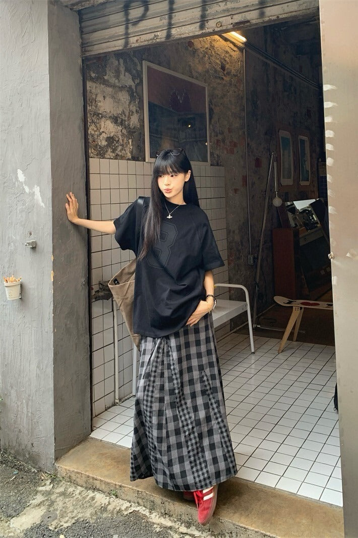 25Oct. 古著女孩黑色8號短袖上衣/格紋拼接半身裙