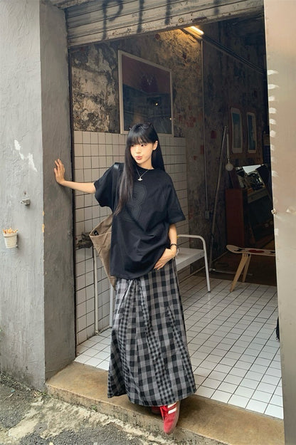 25Oct. 古著女孩黑色8號短袖上衣/格紋拼接半身裙