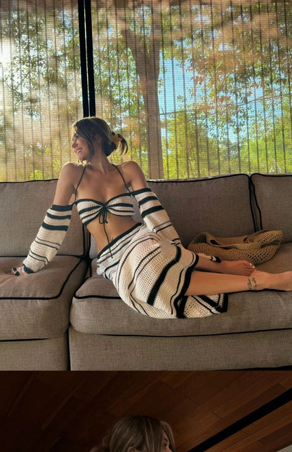 25Oct. 美式性感 黑白撞色條紋針織半身裙套裝