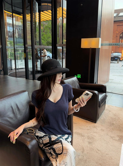 25Sep. 淡人ToF*極簡亞麻棉上衣 藏藍/冰絲緞面老花休閒褲