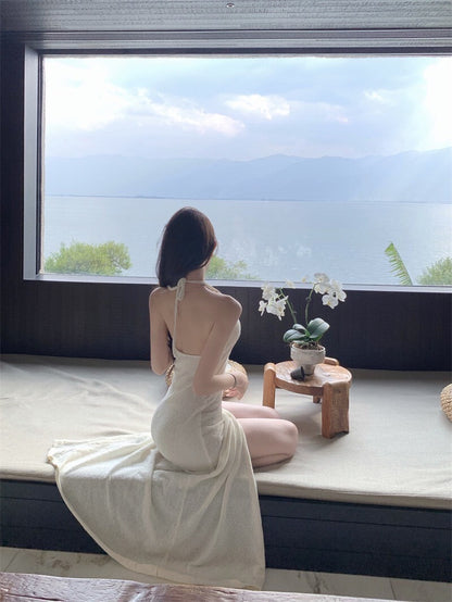 25Oct. 歐美深V玫瑰花露背開叉針織裙 杏/綠