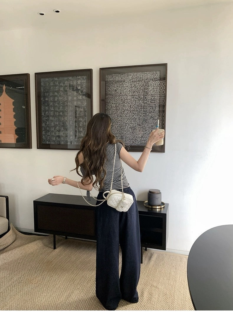 25Oct. 漢南洞時髦歐膩氣質斜肩綁帶上衣 條紋