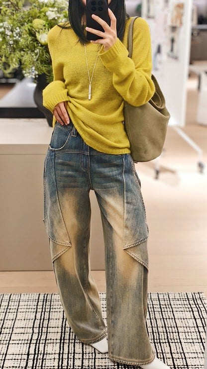 25Oct. 紙飛機牛仔褲 泥染漸變土廢風闊腿褲