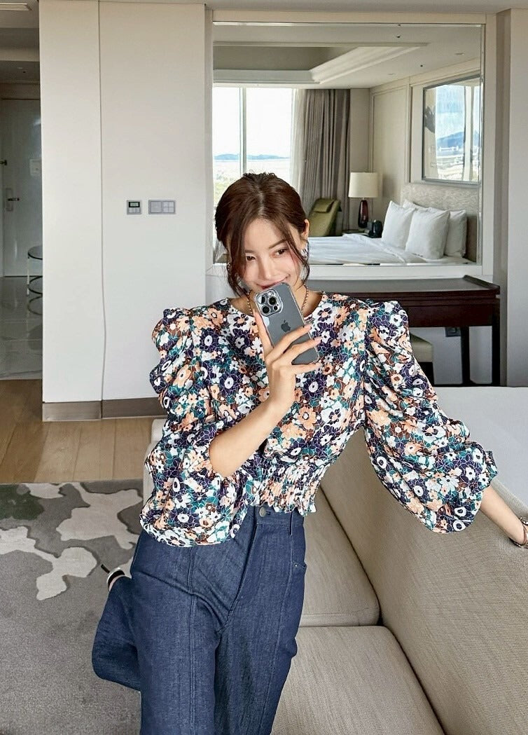 25Sep. 夢迴碎花 堆堆袖收腰長袖上衣 粉/菊藍