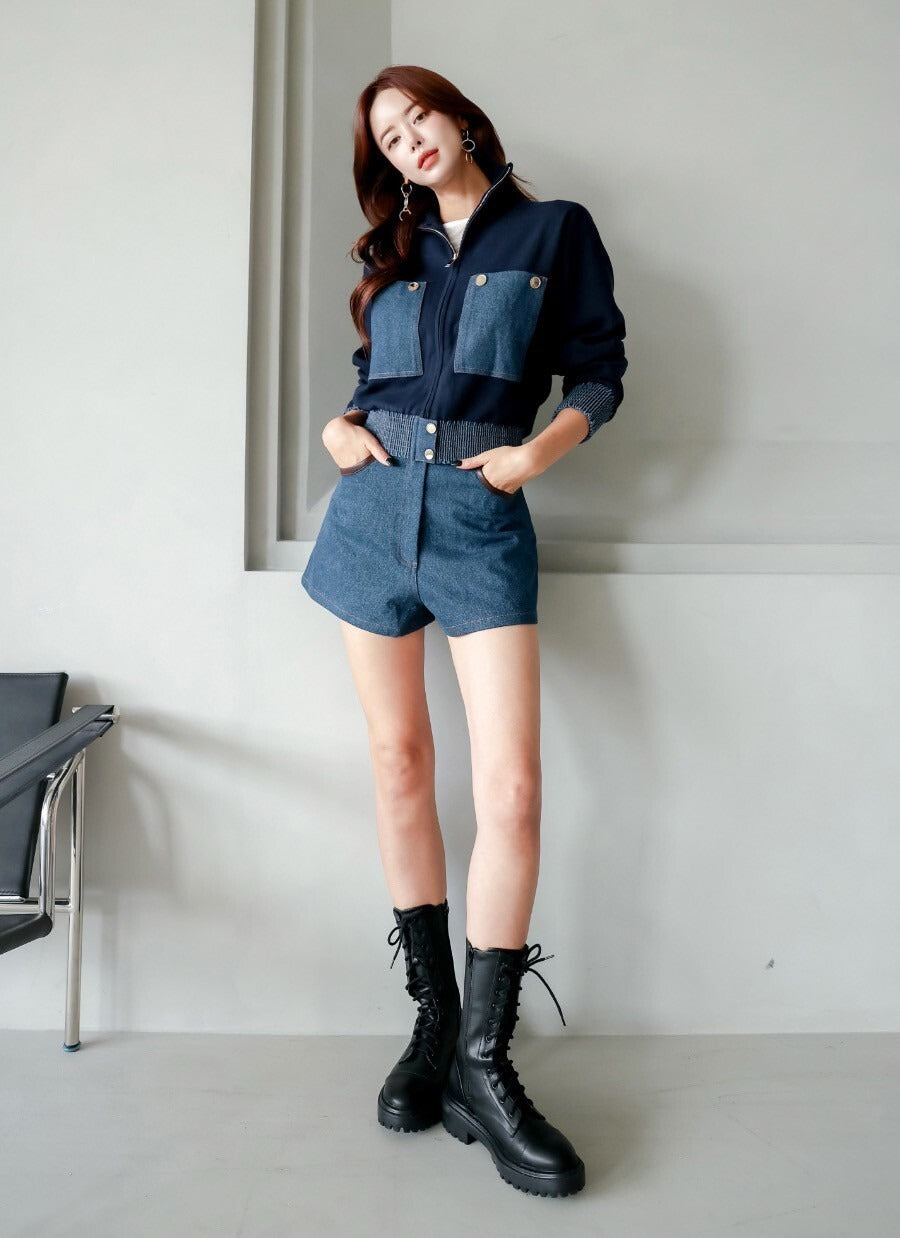 25Sep. 休閒打欖牛仔拼色雙口袋棒球外套