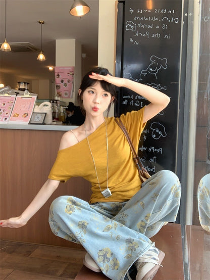 25Oct. 暖糯糯薑黃色斜肩百搭上衣