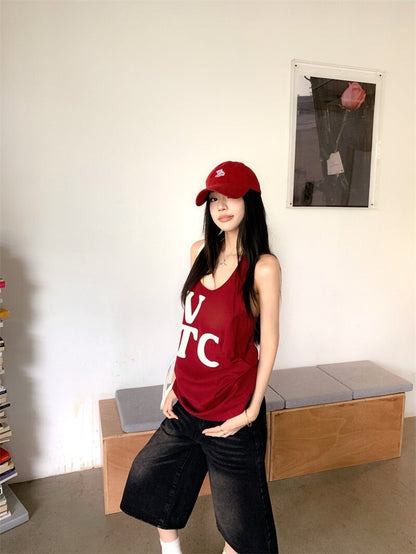 25Oct. 復古寬鬆美式字母印花中長背心