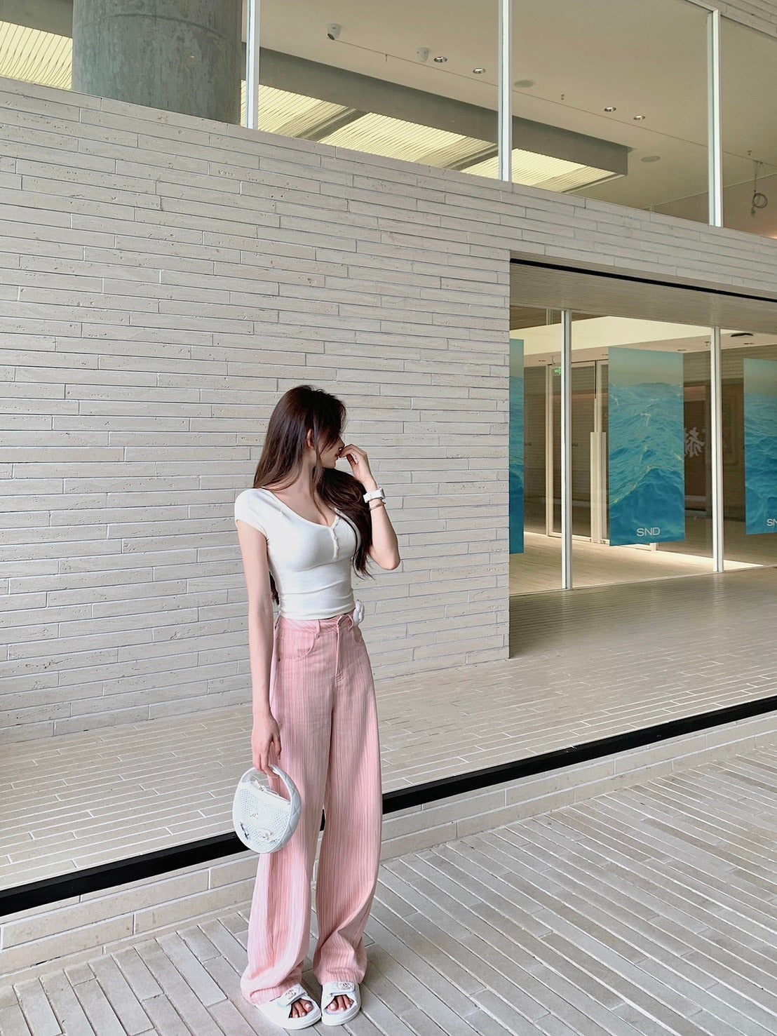 25Oct. 限量櫻花粉柔軟牛仔pink summer肌理彎刀褲