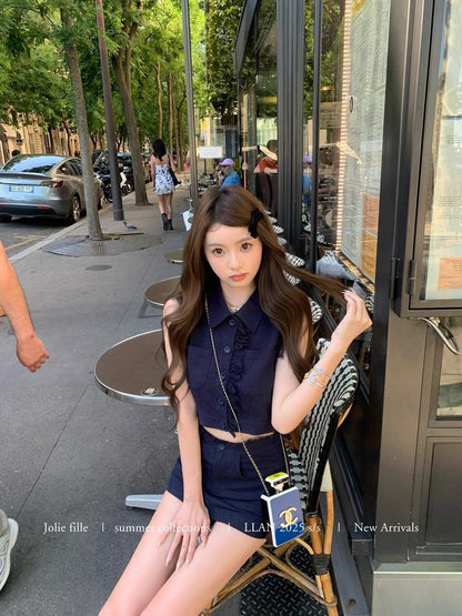 25Oct. 甜心香香VTG 復古蕾絲拼接亞麻套裝 藏藍