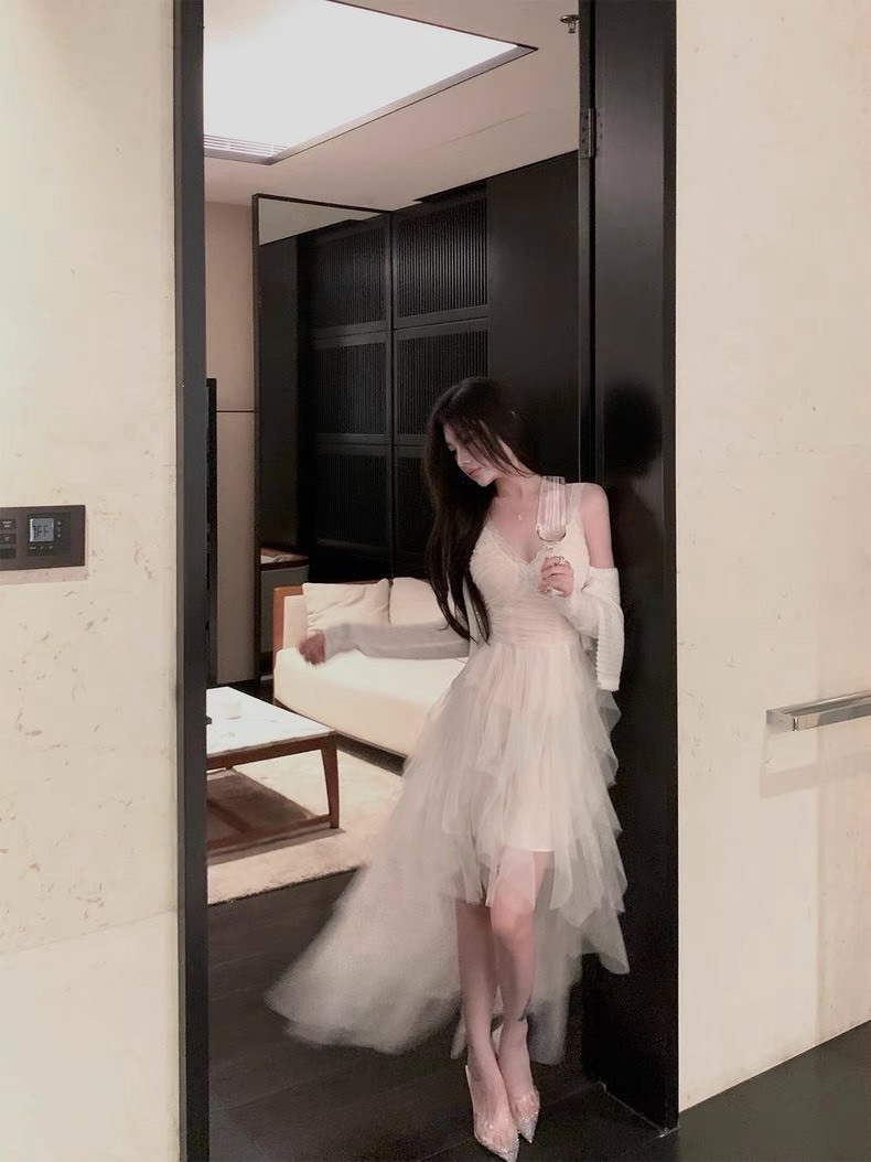 25Oct. 派對尤物 輕奢多層網紗拼接泡泡連身裙 白/黑