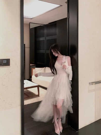 25Oct. 派對尤物 輕奢多層網紗拼接泡泡連身裙 白/黑