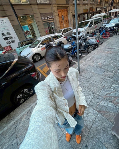 25Sep. 復古港風寬鬆款粗呢西裝小香外套 白/黑