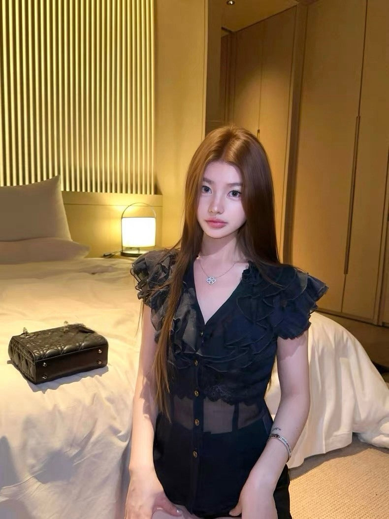 25Oct. 世家赫本法式氣質雪紡透視衫 藍