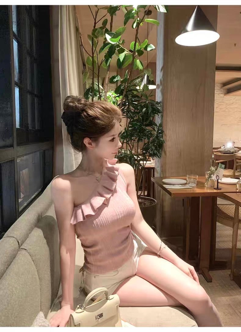 25Oct. 浪漫至上 心動荷葉斜肩針織上衣 粉