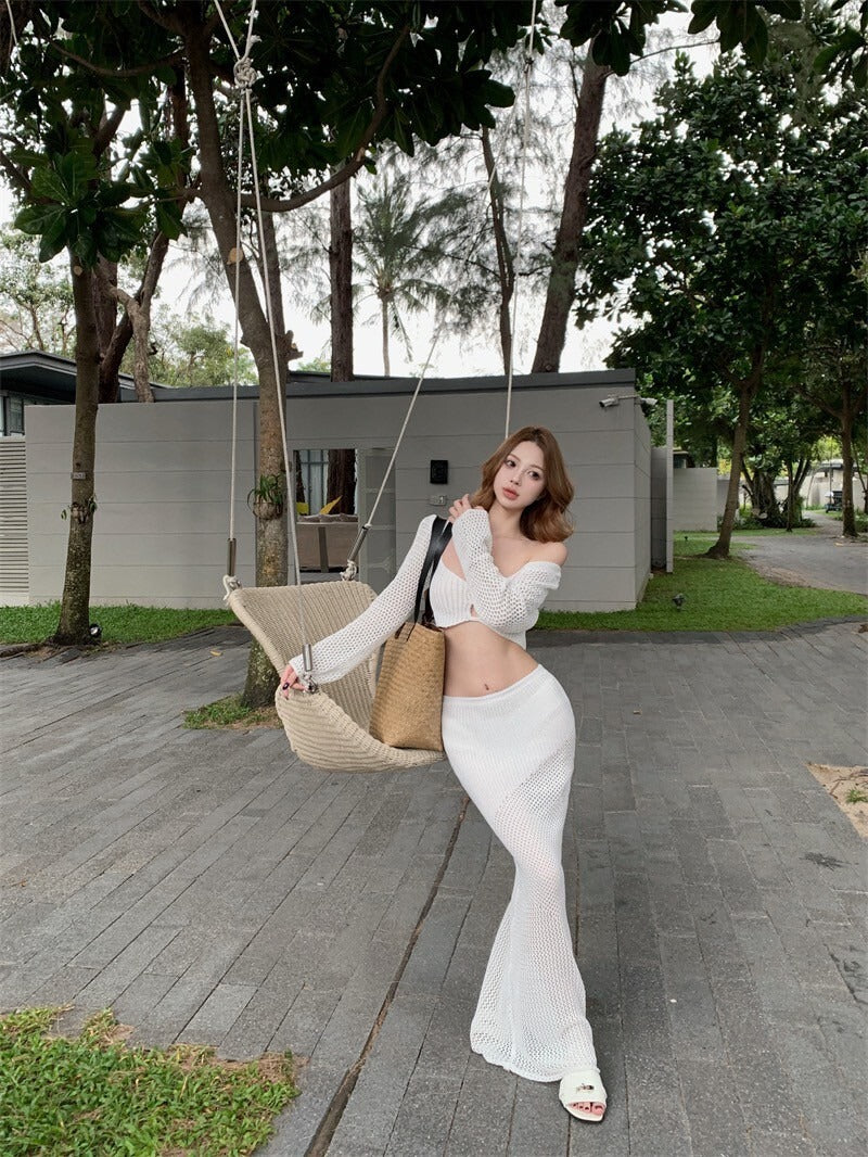 25Oct. 歐美辣妹 海邊度假針織套裝 白