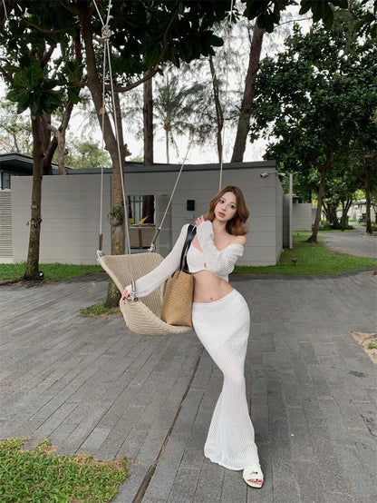 25Oct. 歐美辣妹 海邊度假針織套裝 白