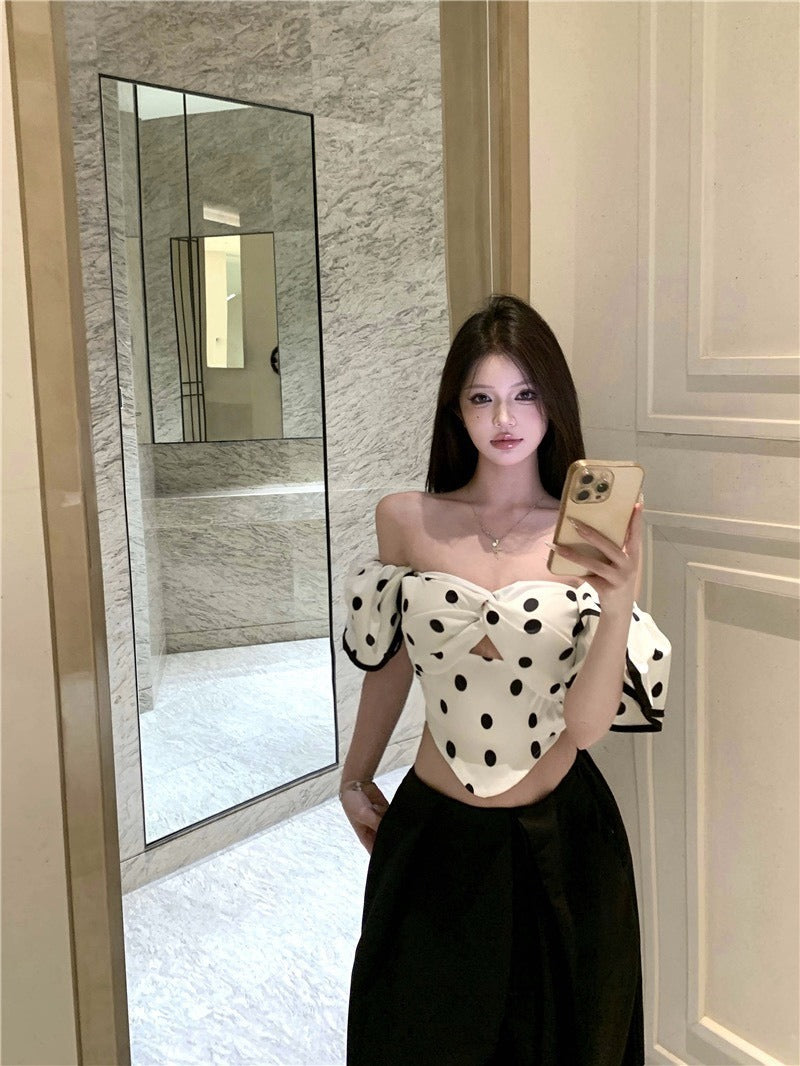 25Oct. 氣質波點多穿可拆抹胸上衣/寬鬆休閒黑色闊腿褲