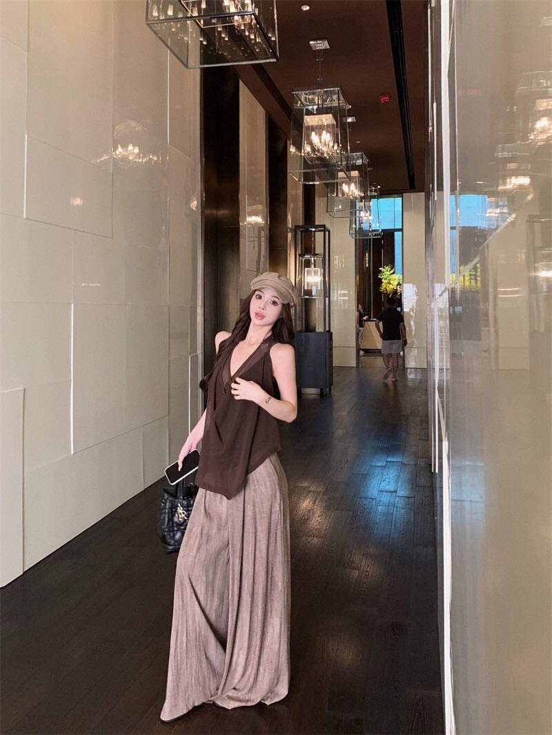 25Oct. 愛上老錢 咖色雙交錯透紗背心/壓褶山本褲