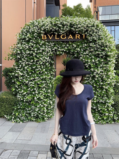 25Sep. 淡人ToF*極簡亞麻棉上衣 藏藍/冰絲緞面老花休閒褲