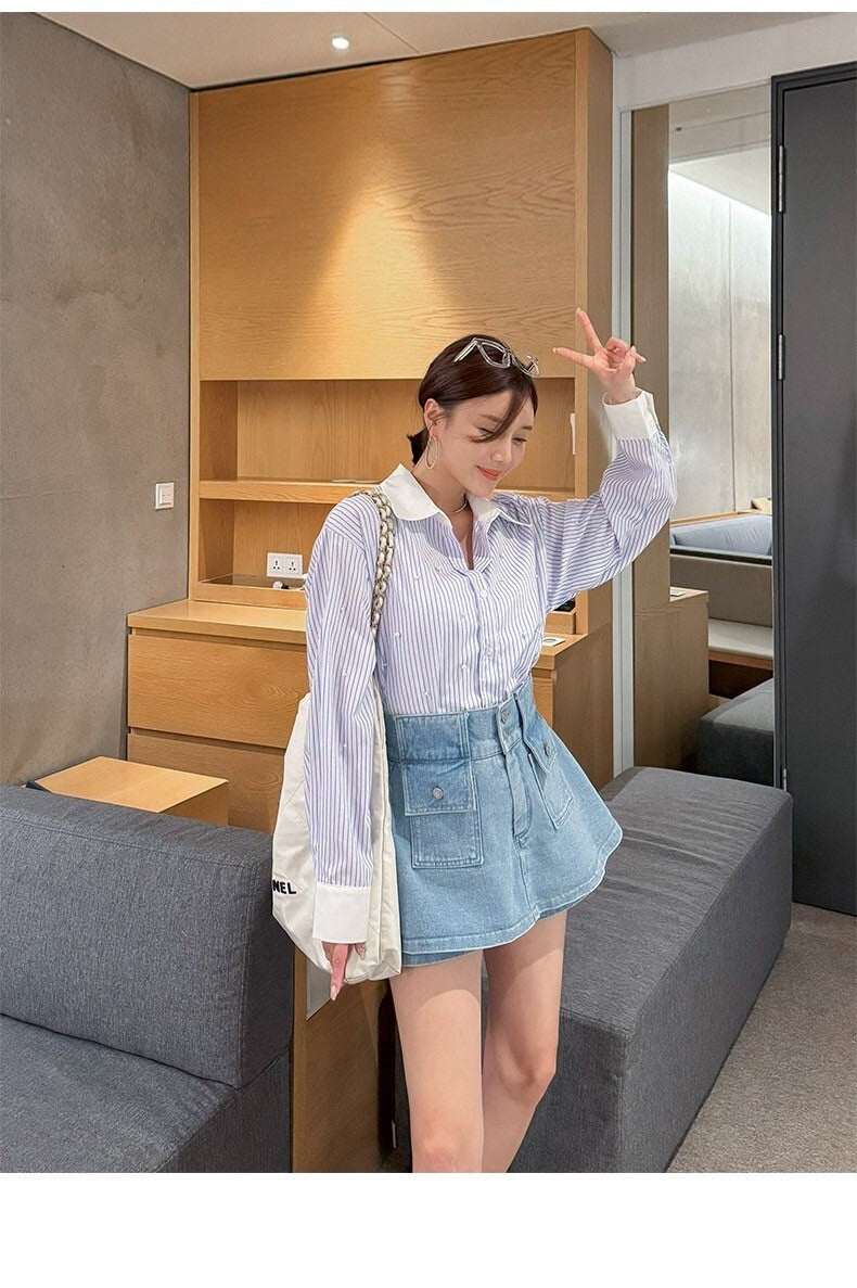 25Sep. 時髦手工釘珠條紋撞色襯衫